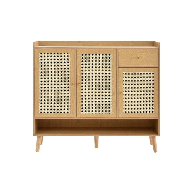 Doğal Ahşap ve Hasır Görünümlü 3 Kapaklı Çekmeceli Ayakkabılık - 120x35x106 cm - 118540