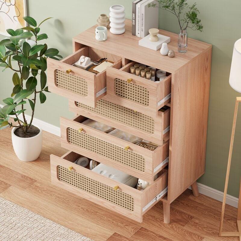 Doğal Ahşap ve Hazeran 5 Çekmeceli Gold Detaylı Şifonyer - 60x34x91 cm - 123361