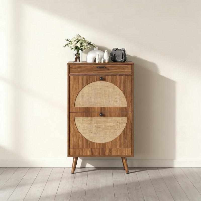 Doğal Ahşap ve Rattan Çekmeceli Düşer Kapaklı Hasır Ayakkabılık - 60x22x101 cm - 120970