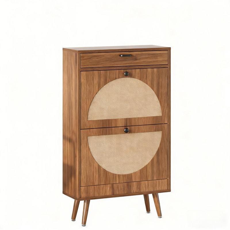 Doğal Ahşap ve Rattan Çekmeceli Düşer Kapaklı Hasır Ayakkabılık - 60x22x101 cm - 120970