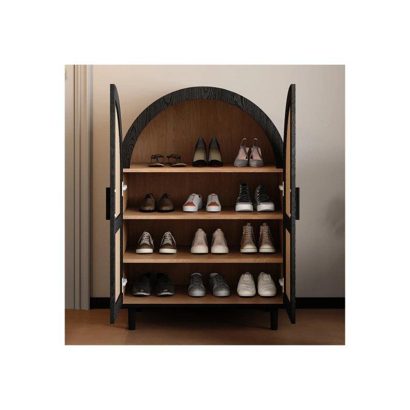 Doğal Ahşap ve Siyah Rattan Kapaklı Kemerli Ayakkabılık - 70x40x100 cm - 118504