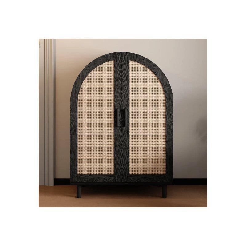 Doğal Ahşap ve Siyah Rattan Kapaklı Kemerli Ayakkabılık - 70x40x100 cm - 118504
