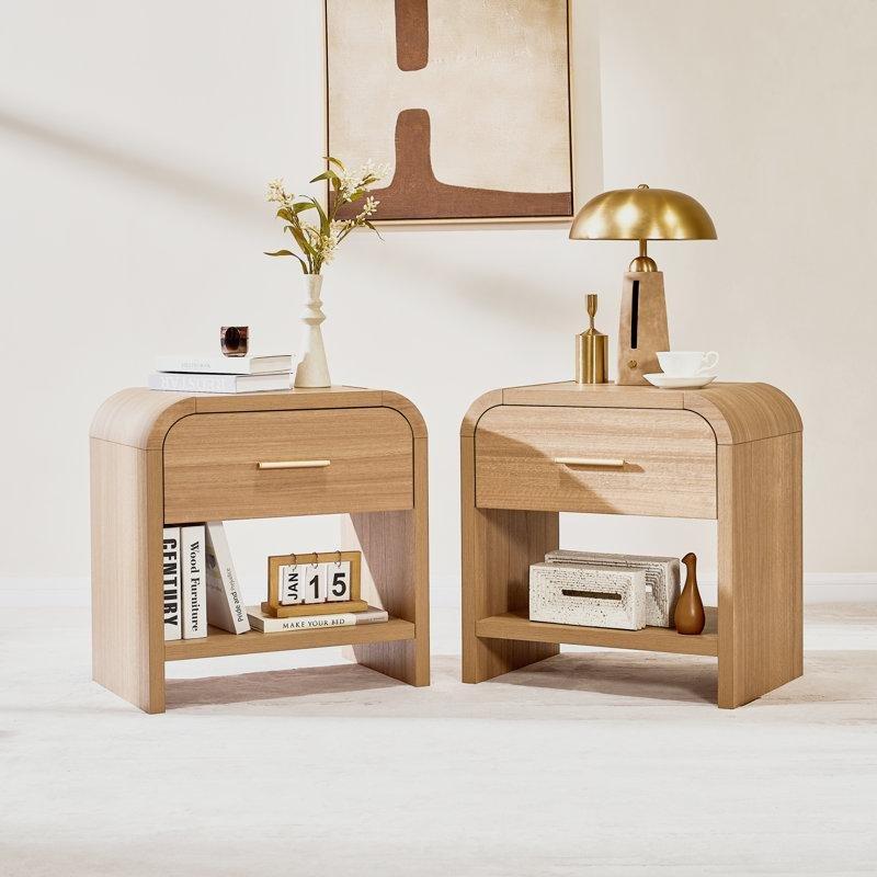 Doğal Ahşap Yuvarlak Köşeli Tek Çekmeceli Yuvarlak Komodin İkili Set - 46x23x69 cm - 128242