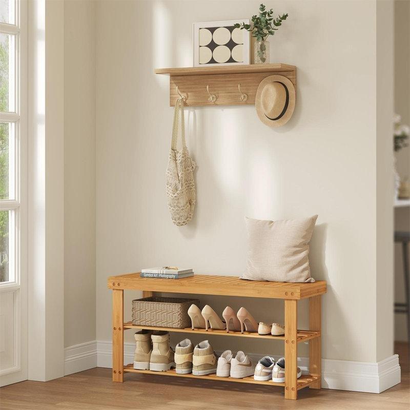 Doğal Bambu 3 Katlı 8 Çift Kapasiteli Oturaklı Ayakkabılık Bench - 90x29x46 cm - 120616