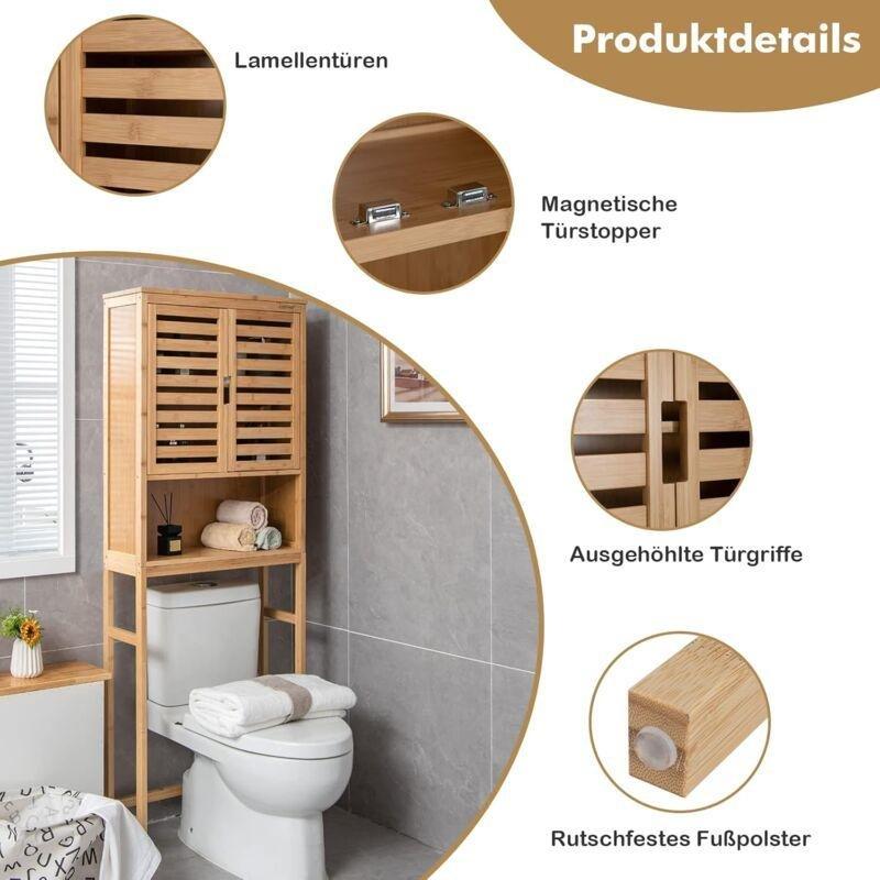 Doğal Bambu Ayarlanabilir Raflı Panjurlu Kapaklı Çamaşır makinesi dolabı-62x23x170 cm - 118128