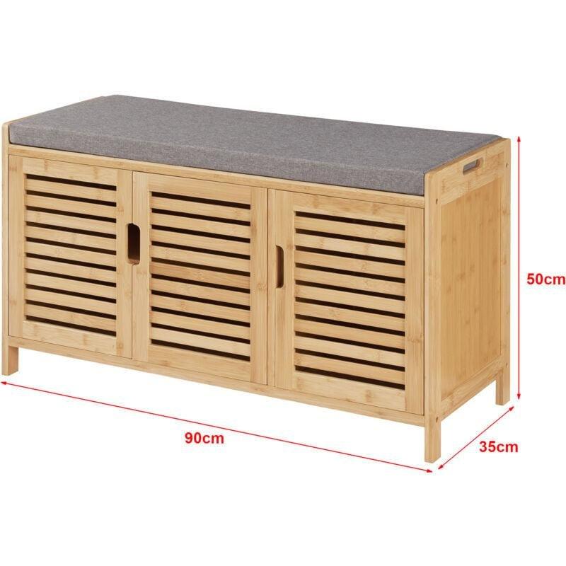 Doğal Bambu Gri Minderli 3 Kapaklı Panjurlu Puflu Ayakkabılık - 90x35x50 cm - 119823