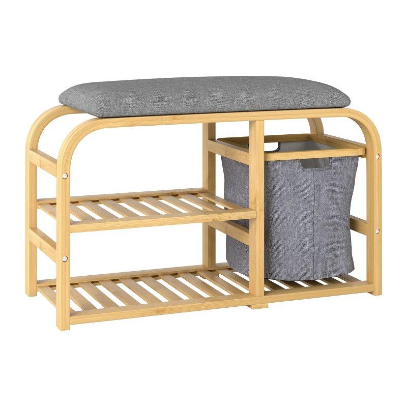 Doğal Bambu Gri Minderli Kumaş Sepetli Ayakkabılık Bench - 70x30x45 cm - 118279