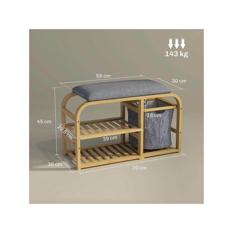 Doğal Bambu Gri Minderli Kumaş Sepetli Ayakkabılık Bench - 70x30x45 cm - 118279
