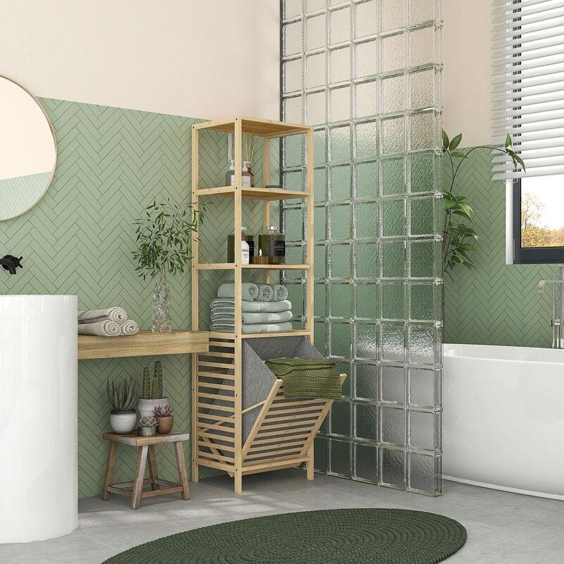 Doğal Bambu Kirli Sepetli Raflı Banyo Dolabı-44x33x160 cm - 113598