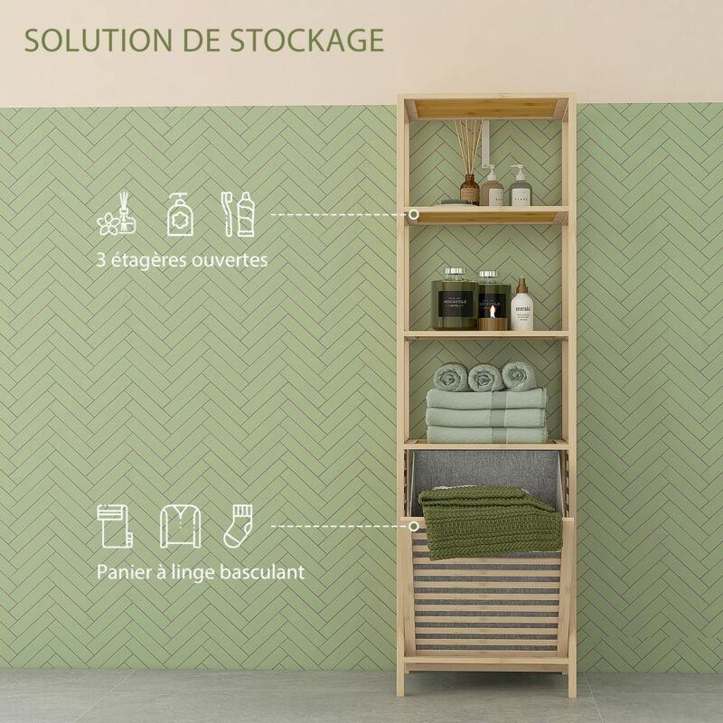 Doğal Bambu Kirli Sepetli Raflı Banyo Dolabı-44x33x160 cm - 113598