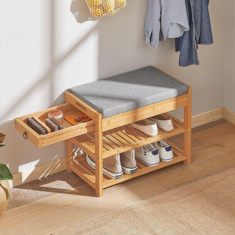 Doğal Bambu Minderli ve Gizli Çekmeceli Oturaklı Ayakkabılık - 55x30x46 cm - 119599