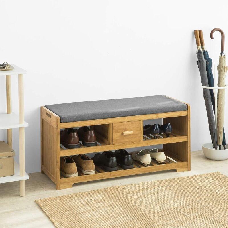 Doğal Bambu ve Gri Çekmeceli Minderli Ayakkabılık - 91x34x45 cm - 119780