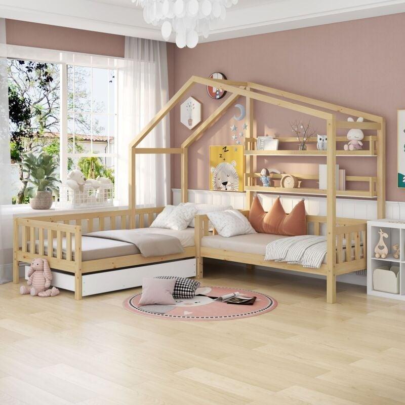 Doğal Çam Ahşap L Tipi Kitaplık ve Çekmeceli Montessori Çatılı Ranza - 234x208 cm - 125226