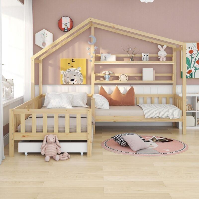 Doğal Çam Ahşap L Tipi Kitaplık ve Çekmeceli Montessori Çatılı Ranza - 234x208 cm - 125226