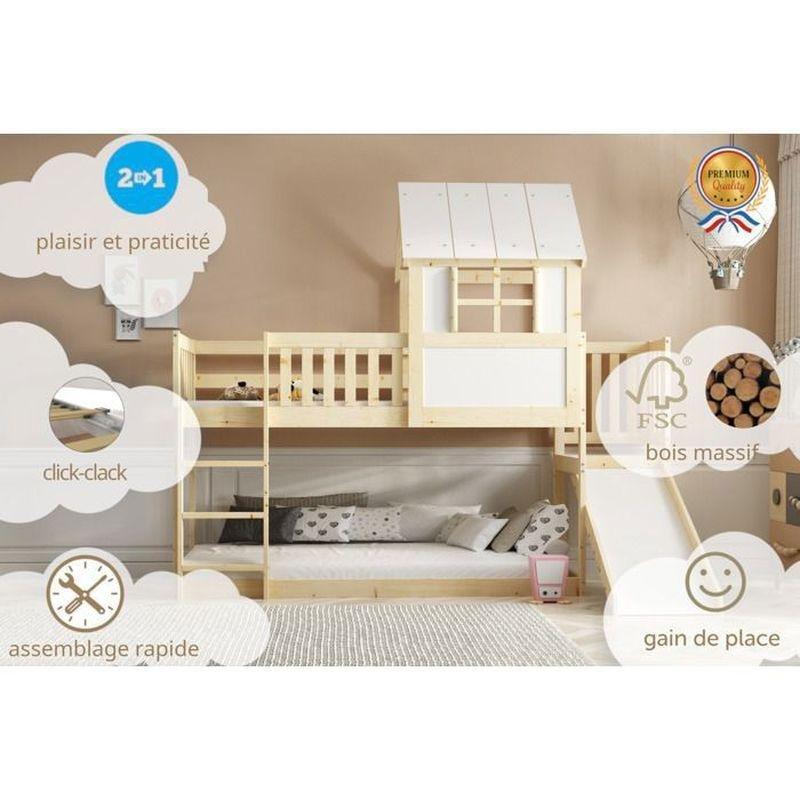 Doğal Çam Masif Ahşap Ev Tasarımlı Kaydıraklı Ranza - 90x200 cm - 125629