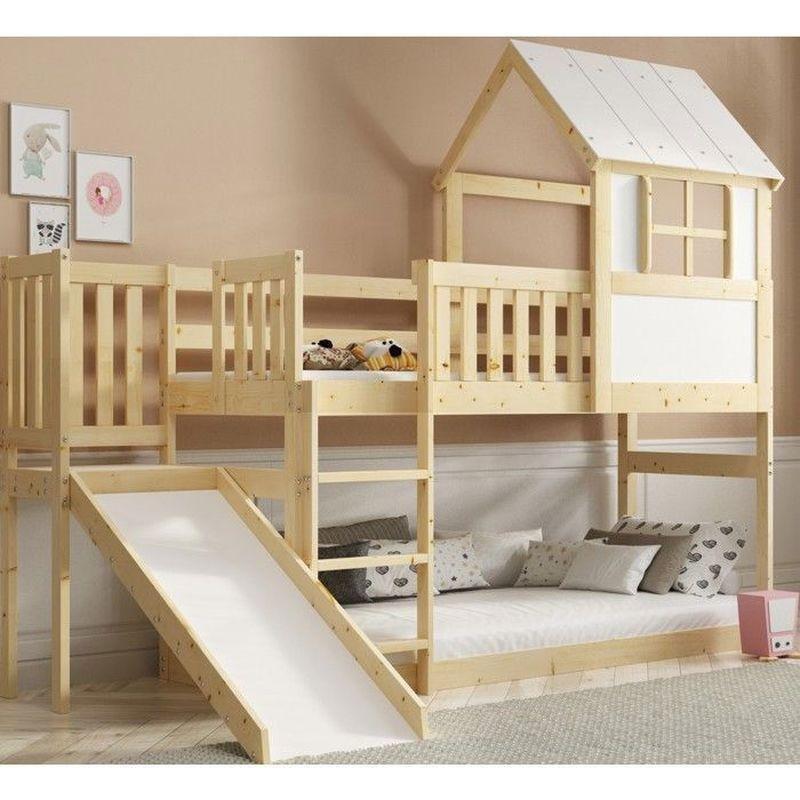 Doğal Çam Masif Ahşap Ev Tasarımlı Kaydıraklı Ranza - 90x200 cm - 125629