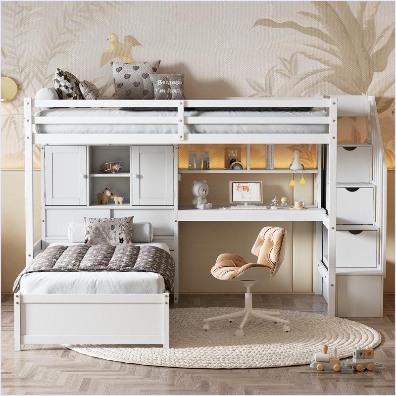 Doğal Çam Masif ve MDF Çalışma Masalı Merdivenli Depolamalı L Ranza - 234x240 cm - 124692