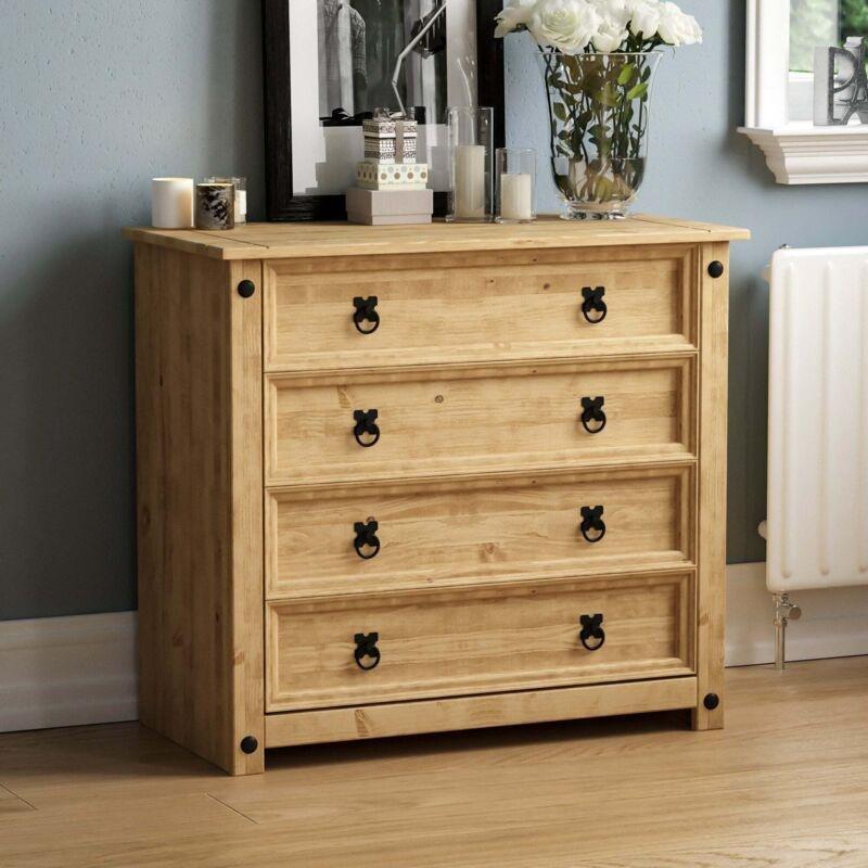 Doğal Çam Rengi Masif Ahşap Rustik Tasarım 4 Çekmeceli Şifonyer-80x41x73 cm - 123497