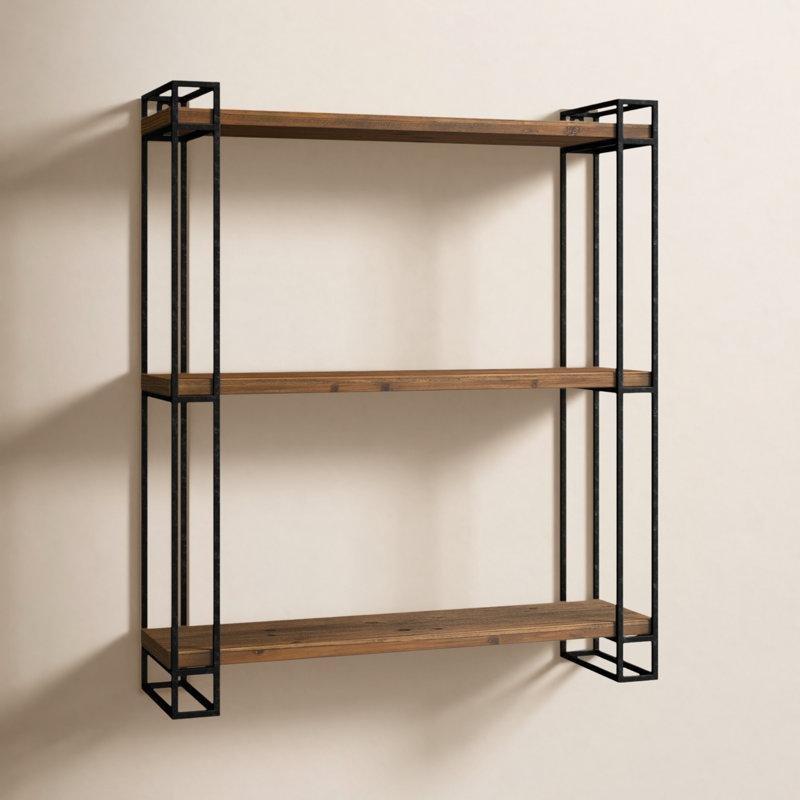 Doğal Çam ve Siyah Metal 3 Raflı Duvara Monte Kitaplık - 78x67x19 cm - 141814