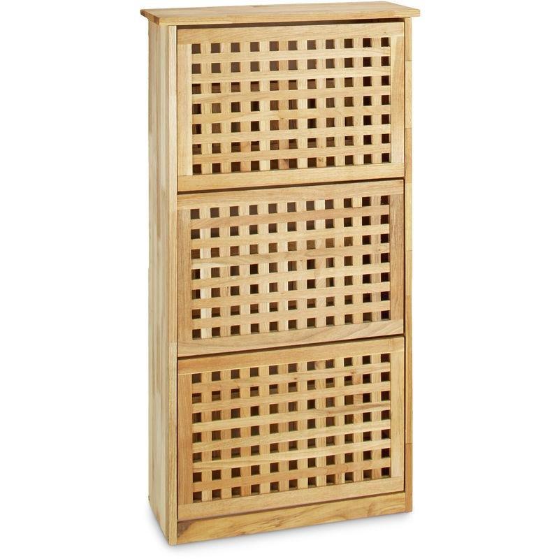 Doğal Ceviz Ahşap 3 Düşer Kapaklı Izgara Tasarımlı Dar Ayakkabılık - 55x21x105 cm - 119506