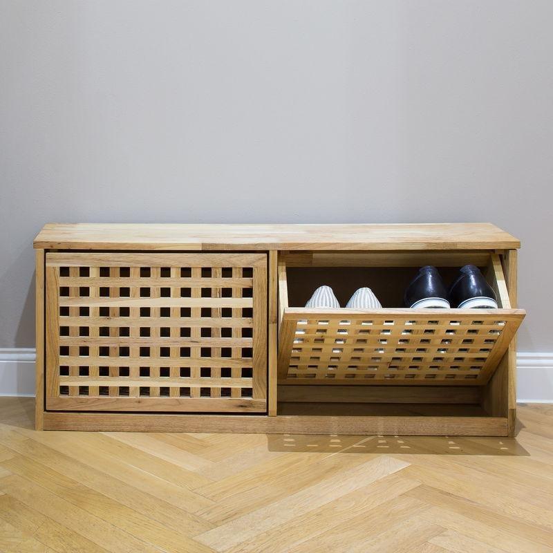 Doğal Ceviz Ahşap ve MDF Oturaklı Düşer Kapaklı Ayakkabılık Bench - 94x29x38 cm - 119211