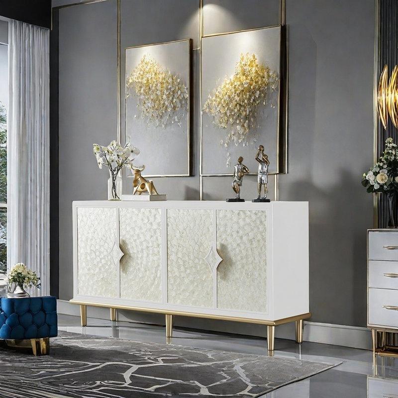 Doğal Deniz Kabuğu Detaylı Masif Ahşap Ayaklı Gold Konsol - 140x40x85 cm - 128983