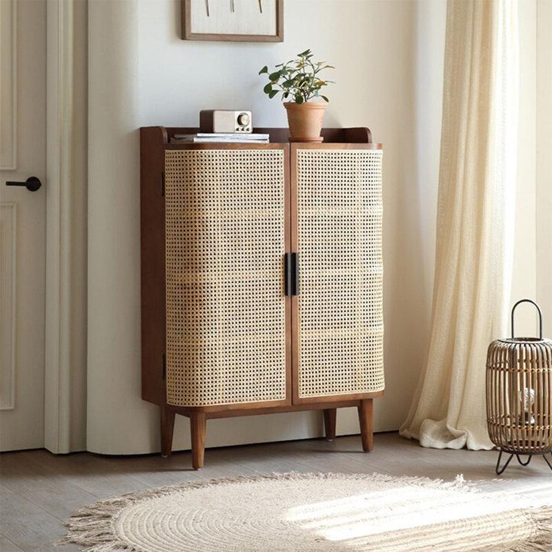 Doğal Dişbudak Masif Ahşap El Örmesi Kapaklı Hasır Ayakkabılık - 84x118 cm - 120949