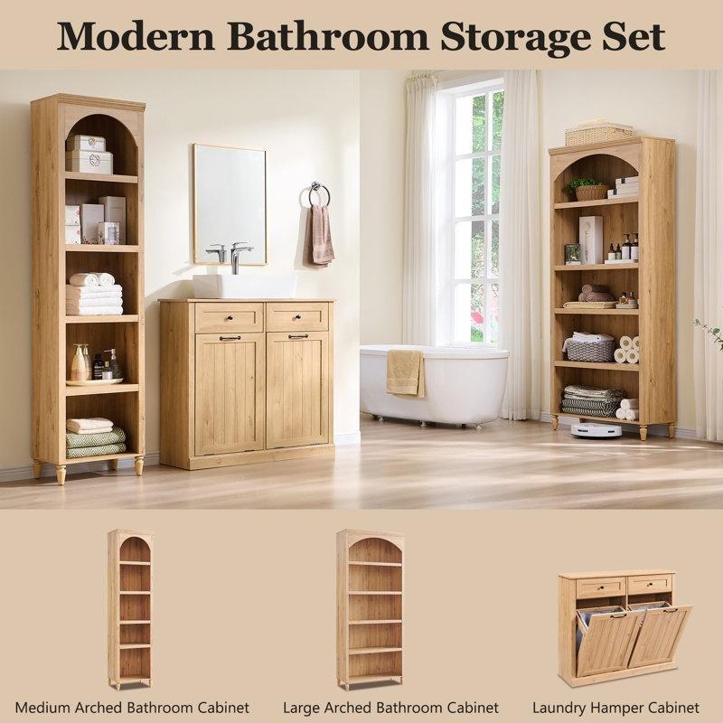 Doğal Endüstriyel Ahşap Ayarlanabilir Raflı Ceviz Banyo Dolabı-194x48x34 cm - 114073