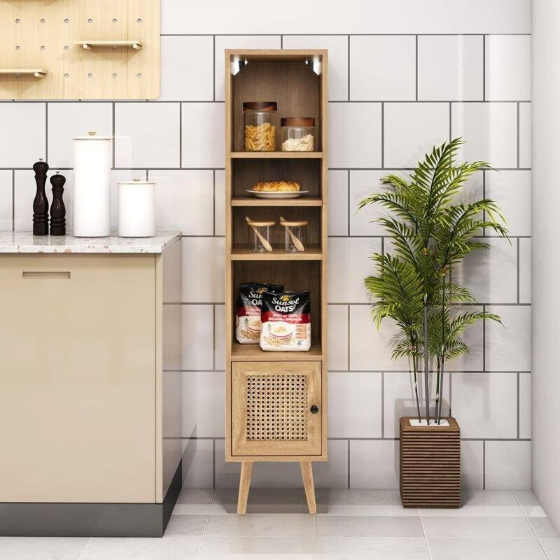 Doğal Endüstriyel Ahşap Raf Ayarlı Hasır Banyo Dolabı-30x30x137 cm - 114200