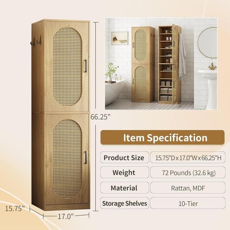 Doğal Hasır Raflı Ayarlanabilir Hasır Banyo Dolabı-169x44x40 cm - 114178