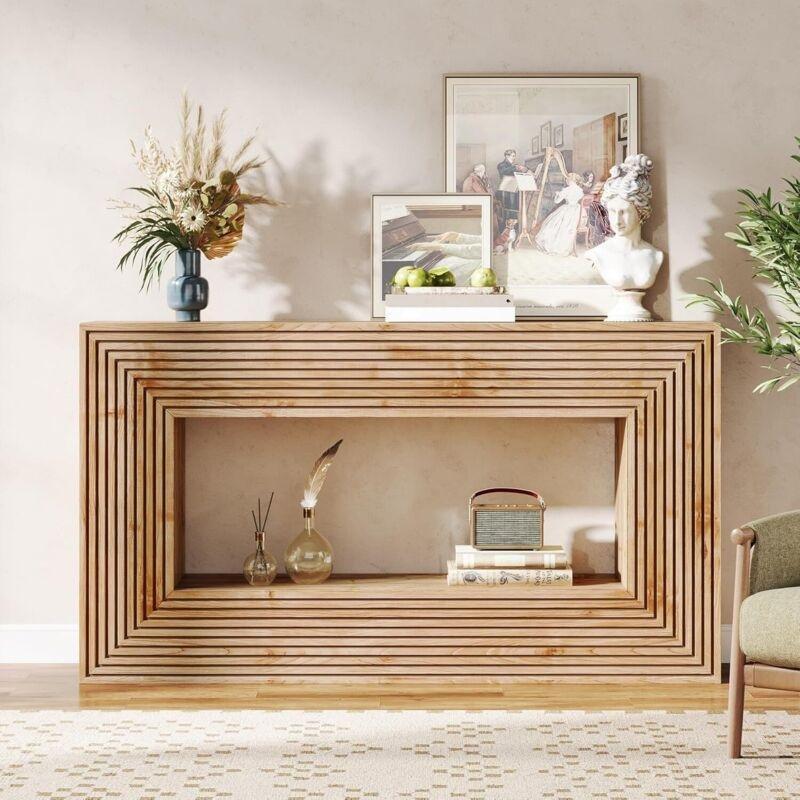 Doğal Kahverengi Ahşap Çıtalı Tasarım Raflı Dresuar - 150 x 30 x 83 cm - 133793