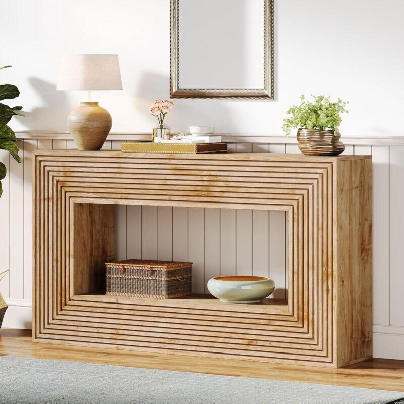 Doğal Kahverengi Ahşap Çıtalı Tasarım Raflı Dresuar - 150 x 30 x 83 cm - 133793