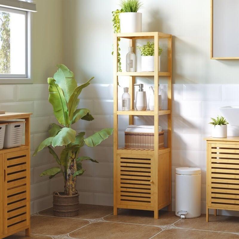 Doğal Kahverengi Bambu Raflı Ayaklı Banyo Dolabı-36x33x140 cm - 113888