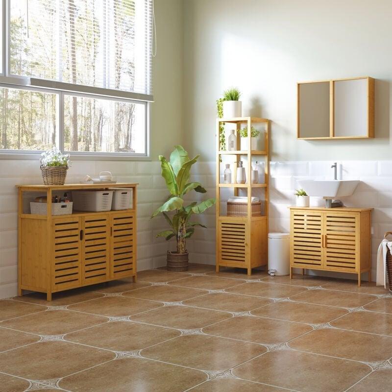 Doğal Kahverengi Bambu Raflı Ayaklı Banyo Dolabı-36x33x140 cm - 113888