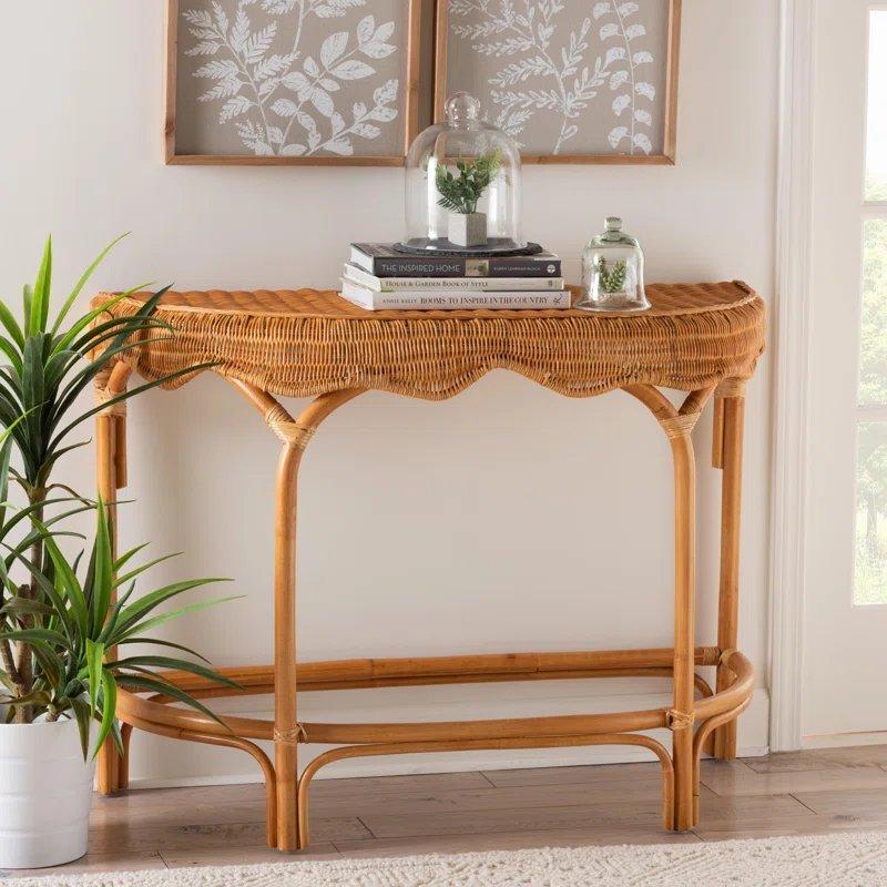 Doğal Kahverengi Masif Ahşap Tablalı Yarım Ay Tasarımlı Rattan Dresuar - 107x47x81 cm - 132461