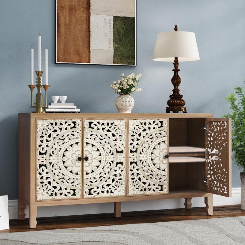 Doğal Kahverengi ve Beyaz Endüstriyel Ahşap Çiçek Oyma Desenli 4 Kapaklı Konsol - 151x41x83 cm - 128557