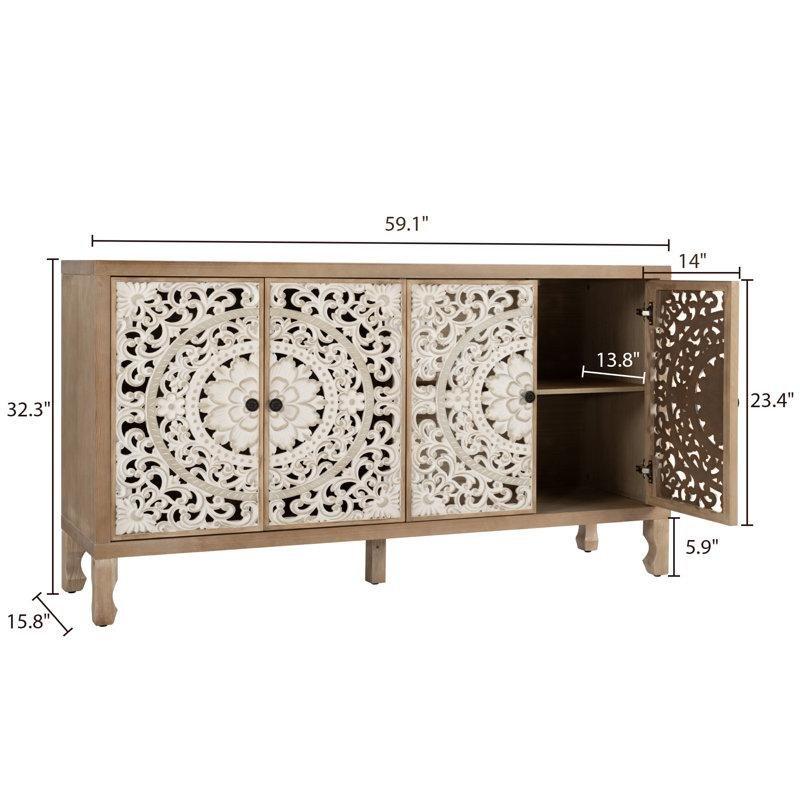 Doğal Kahverengi ve Beyaz Endüstriyel Ahşap Çiçek Oyma Desenli 4 Kapaklı Konsol - 151x41x83 cm - 128557