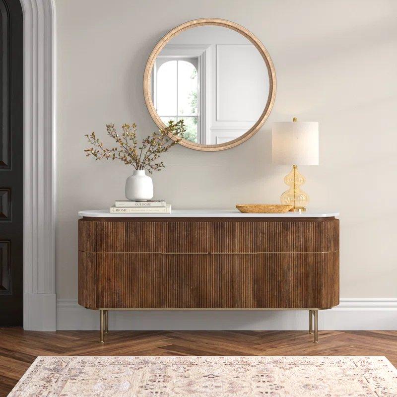 Doğal Mango ve Beyaz Mermer Üstlü Oval Tasarım Gold Ayaklı Dresuar - 161x41x77 cm - 132823