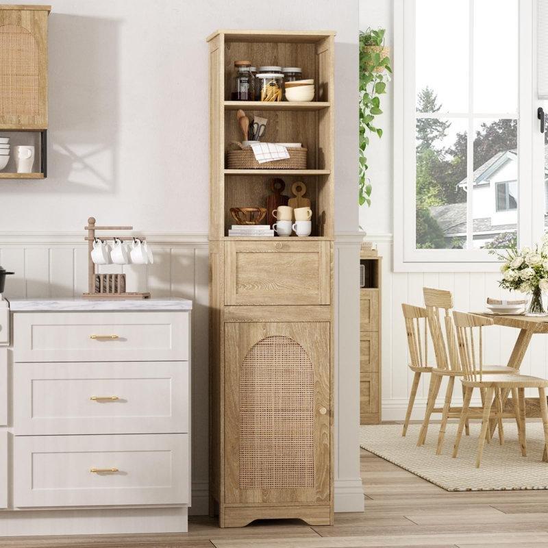 Doğal Masif Ahşap Ayarlanabilir Raflı Hasır Banyo Dolabı-171x40x29 cm - 114181