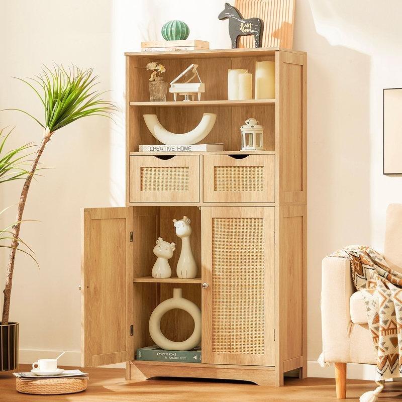 Doğal Masif Ahşap Hasır Kapaklı Çekmeceli Hasır Banyo Dolabı-125x60x30 cm - 114175