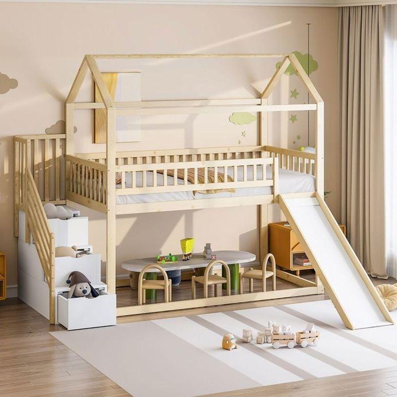 Doğal Masif Ahşap Kaydıraklı ve Depolama Merdivenli Ev Tasarımlı Ranza - 90x200 cm - 125434
