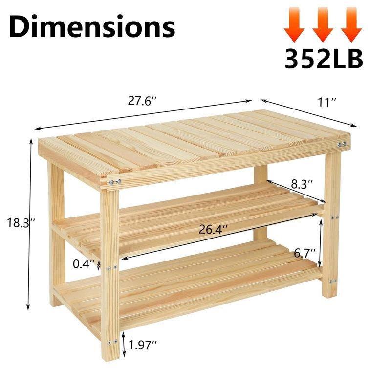 Doğal Masif Çam 3 Katlı 6 Çift Kapasiteli Ayakkabılık Bench - 70x46 cm - 120577