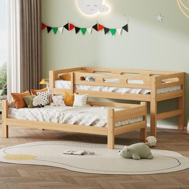 Doğal Masif Çam Ağacı Ayrılabilir Merdivenli Ranza - 90x200 cm - 125587