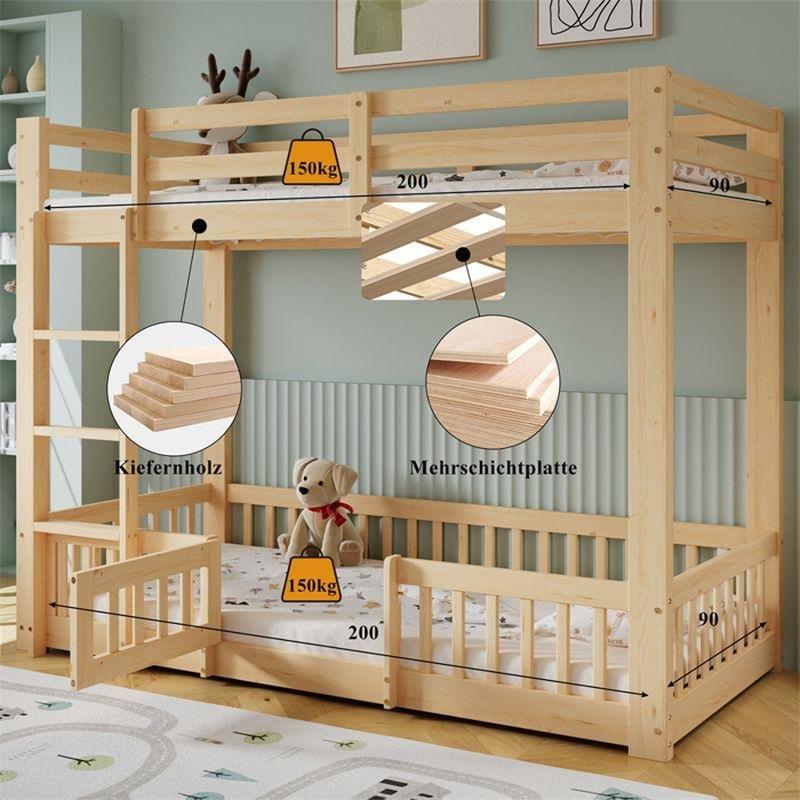 Doğal Masif Çam Kapılı Merdivenli Ranza - 90x200 cm - 125605