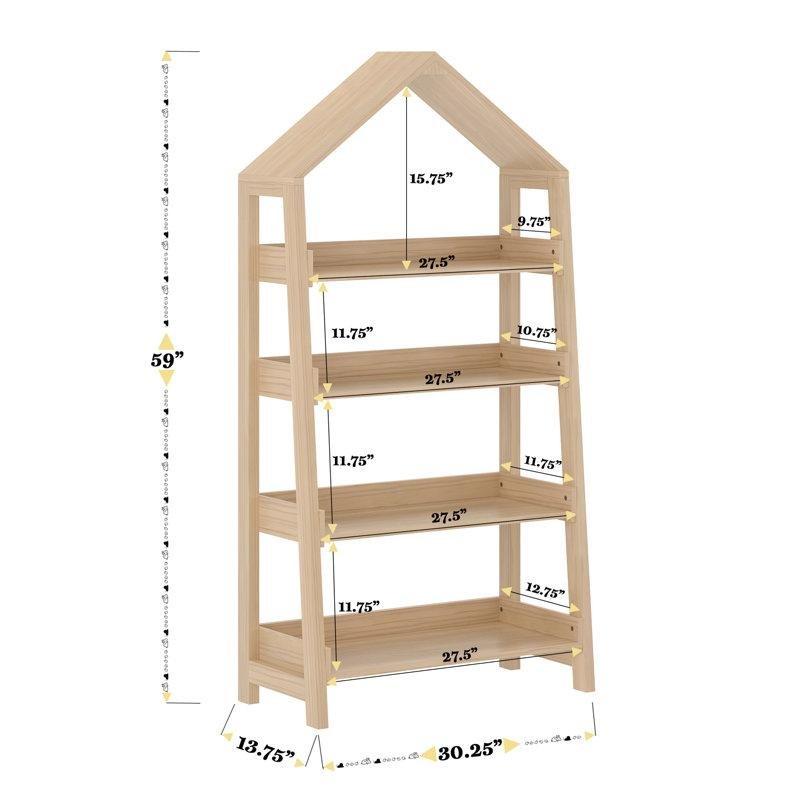 Doğal Masif Çam ve Endüstriyel Ahşap Ev Şeklinde Tasarım 4 Raflı Kitaplık - 77x150 cm - 141232