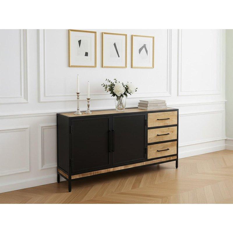 Doğal Masif Mango Ağacı Siyah Metal Ayaklı 2 Kapaklı Konsol - 160x40x80 cm - 129463