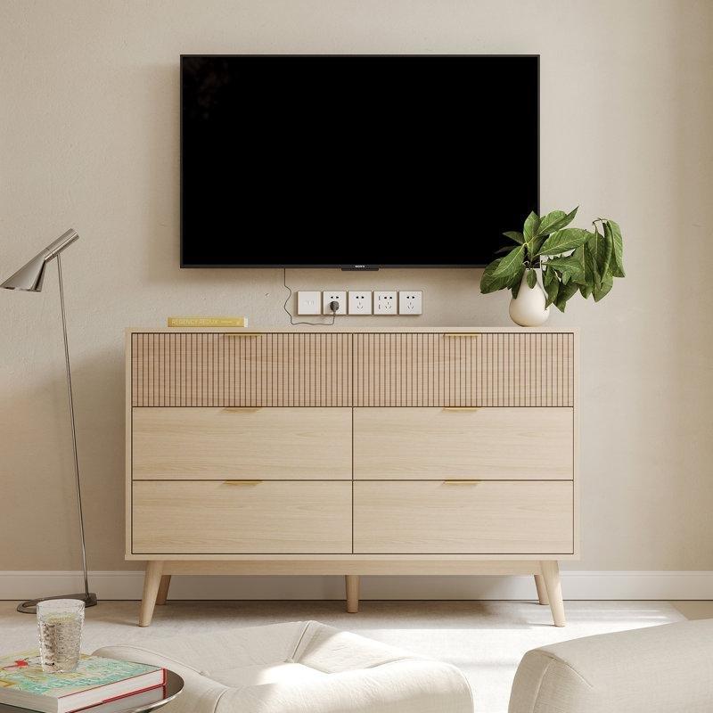 Doğal Meşe Ahşap Dikey Çizgili ve Gold Detaylı 6 Çekmeceli Şifonyer - 120x80 cm - 122821