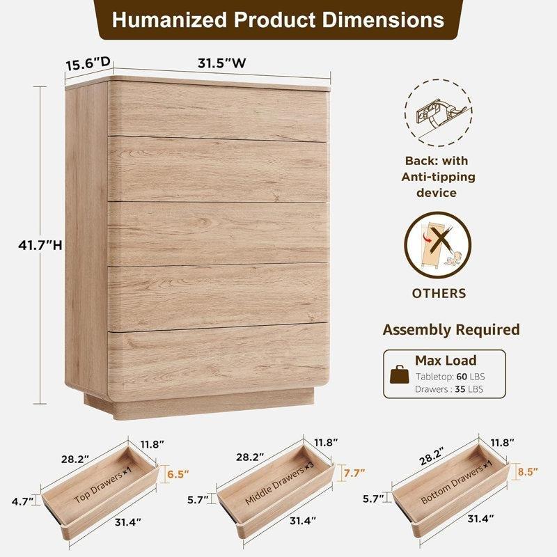 Doğal Meşe Endüstriyel Ahşap 5 Çekmeceli Yuvarlak Hatlı Kulpsuz Şifonyer - 81x108 cm - 122812