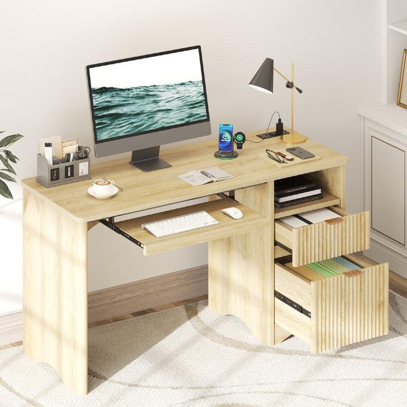 Doğal meşe endüstriyel ahşap Çekmeceli prizli klavyelikli bilgisayar masası-140x77x55 cm - 116856