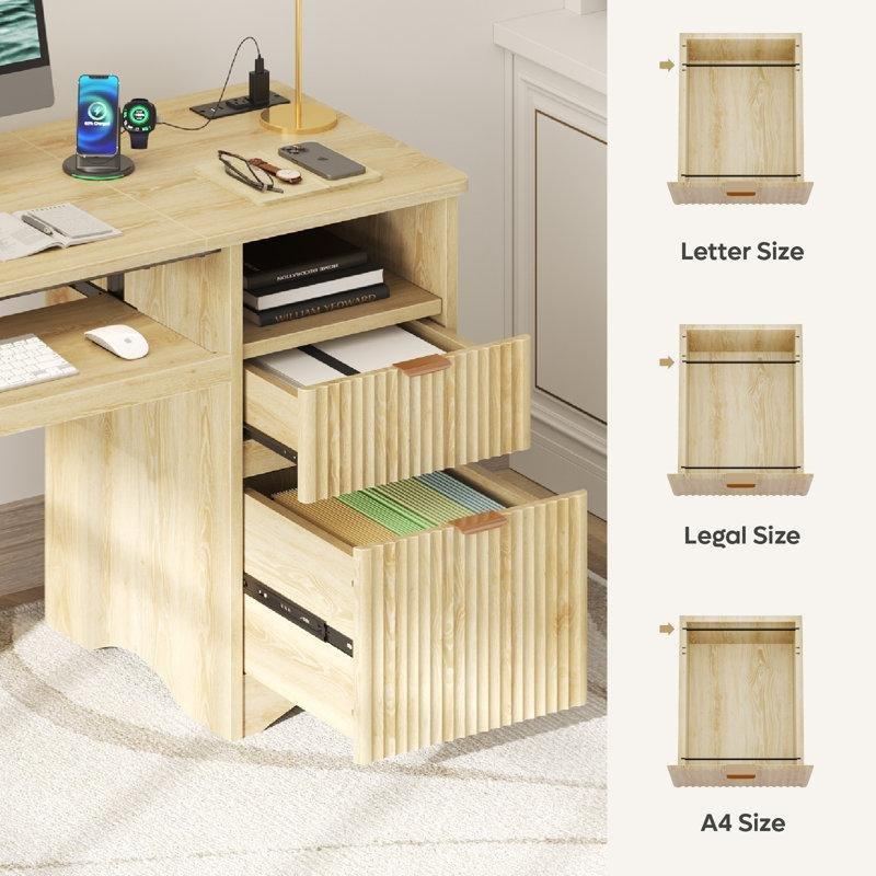 Doğal meşe endüstriyel ahşap Çekmeceli prizli klavyelikli bilgisayar masası-140x77x55 cm - 116856
